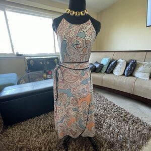 Weslee Rose Orange Blue Paisley Faux Wrap Sleeveless Sheath Belted Dress Career